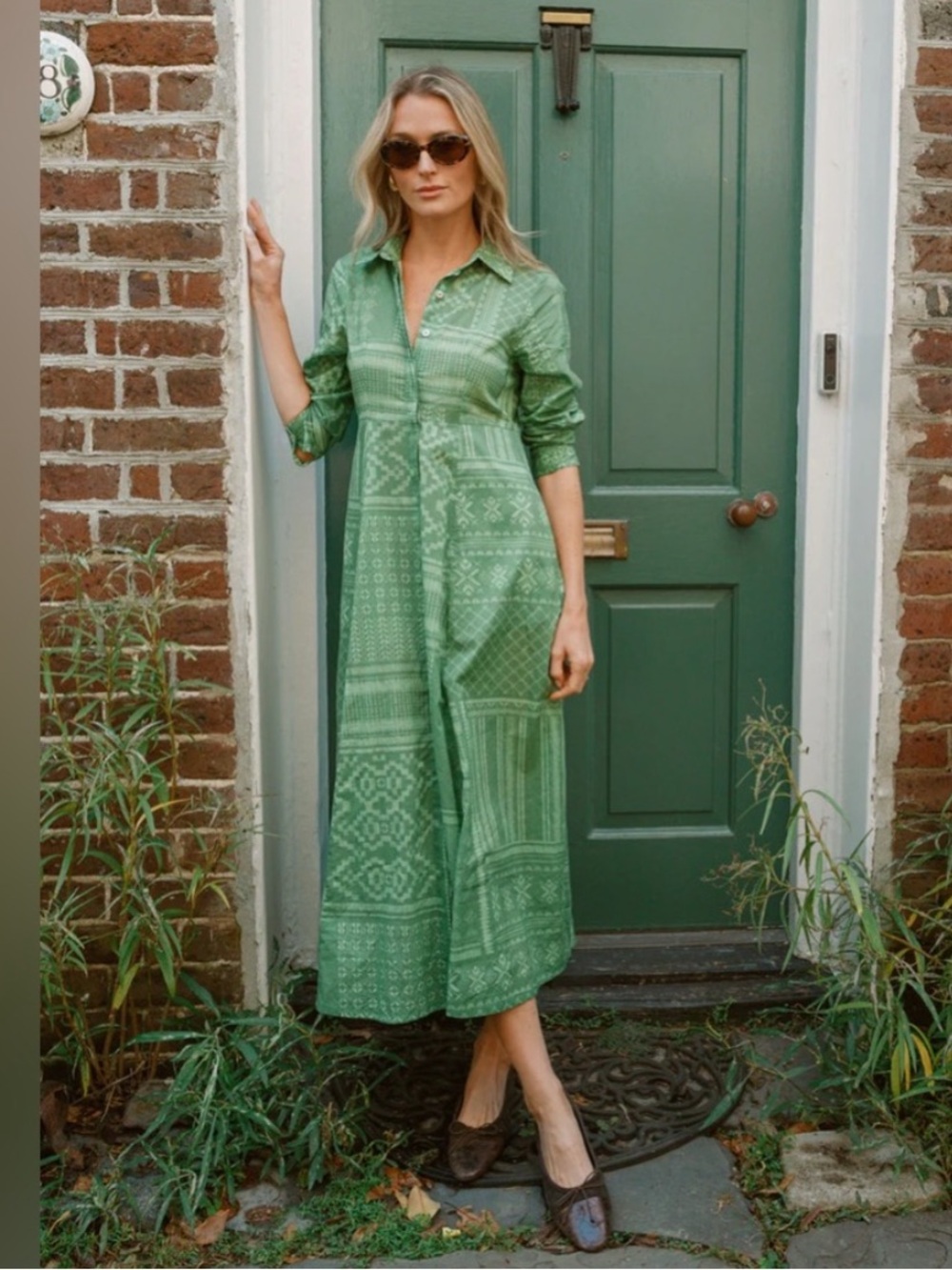 NWT Julia Amory JA Shirt Dress Cotton Green Block Print Maxi Dress Size large
